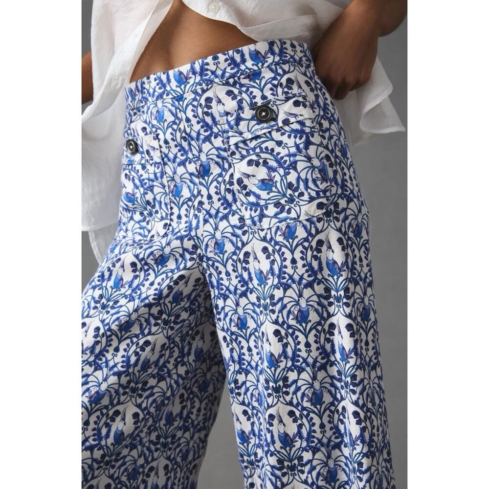 Anthropologie Maeve Linen Bird Printed Palazzo Wide Leg Pants Sz 10 Tall - Picture 9 of 9